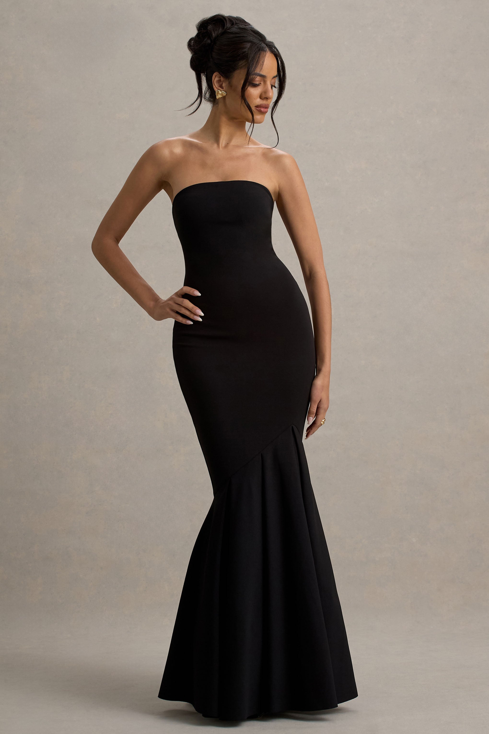 Angela | Black Bandeau Fishtail Maxi Dress