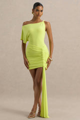 Marci | Lime Green Asymmetric Ruched Mini Dress With Sash