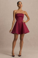 Lioray | Burgundy Satin Bandeau-Neck A-Line Mini Dress