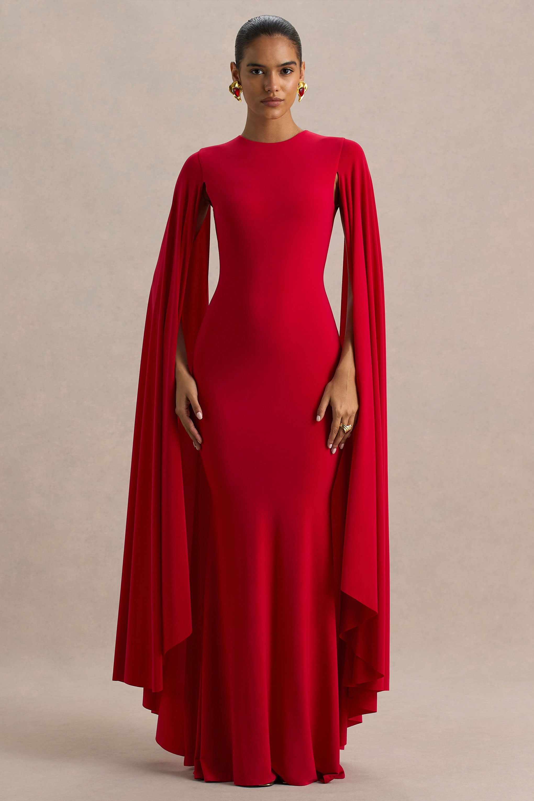Briony | Red Crew-Neck Maxi Dress With Cape Sleeves
