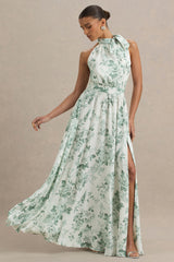 Talia | Green Floral Print High-Neck Maxi Dress With Front High Split