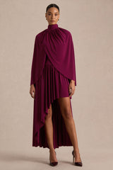 Honora | Burgundy High-Neck Midi Dress With Cape-Sleeves