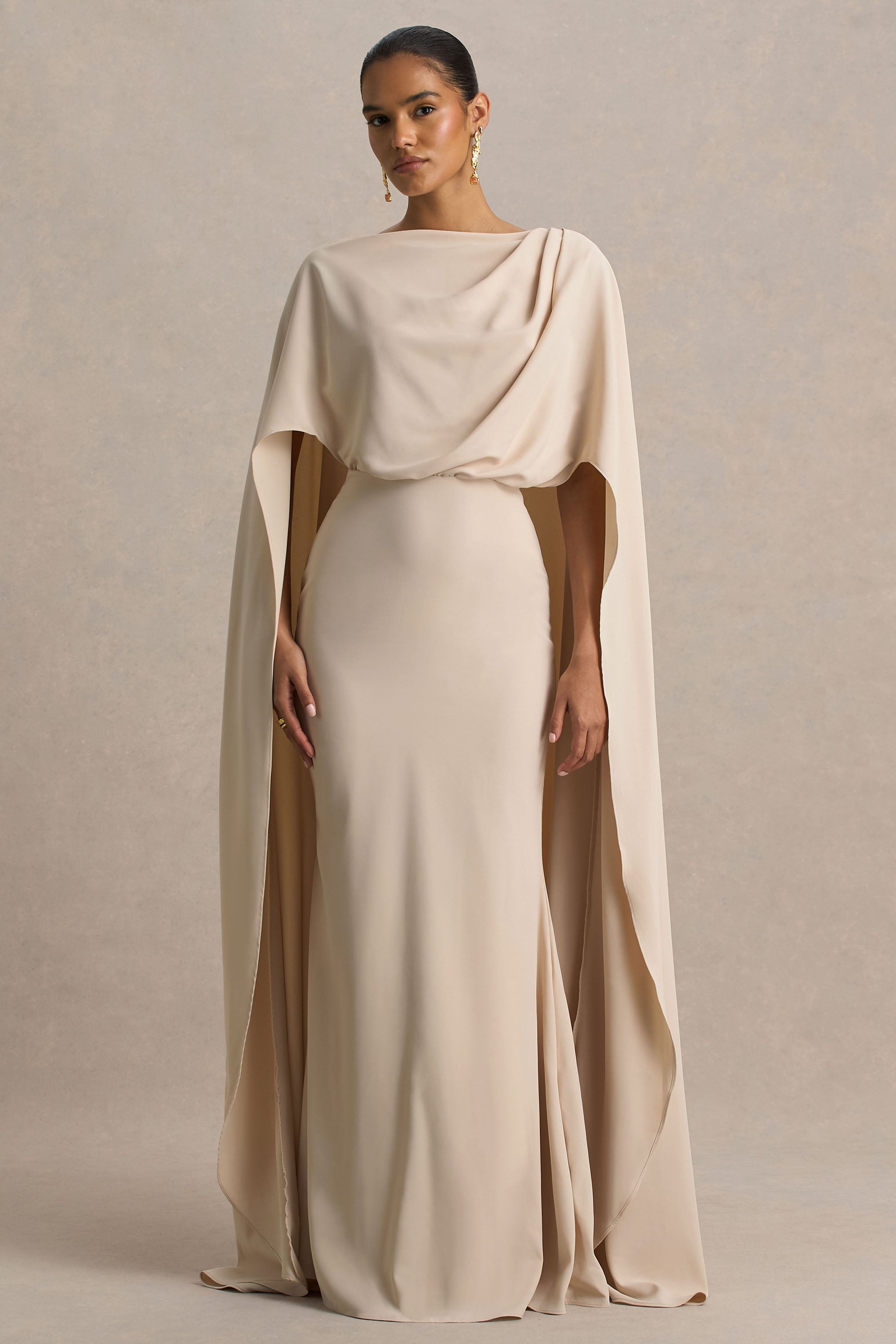 Pristina | Sand Boat-Neck Woven Maxi Dress With Cape Detail