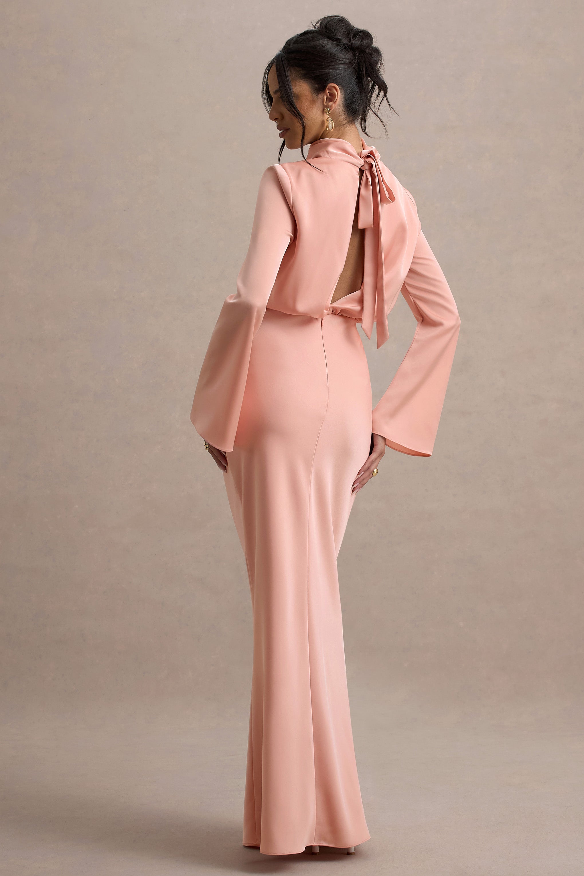 Celina | Light Pink Satin High-Neck Maxi Dress