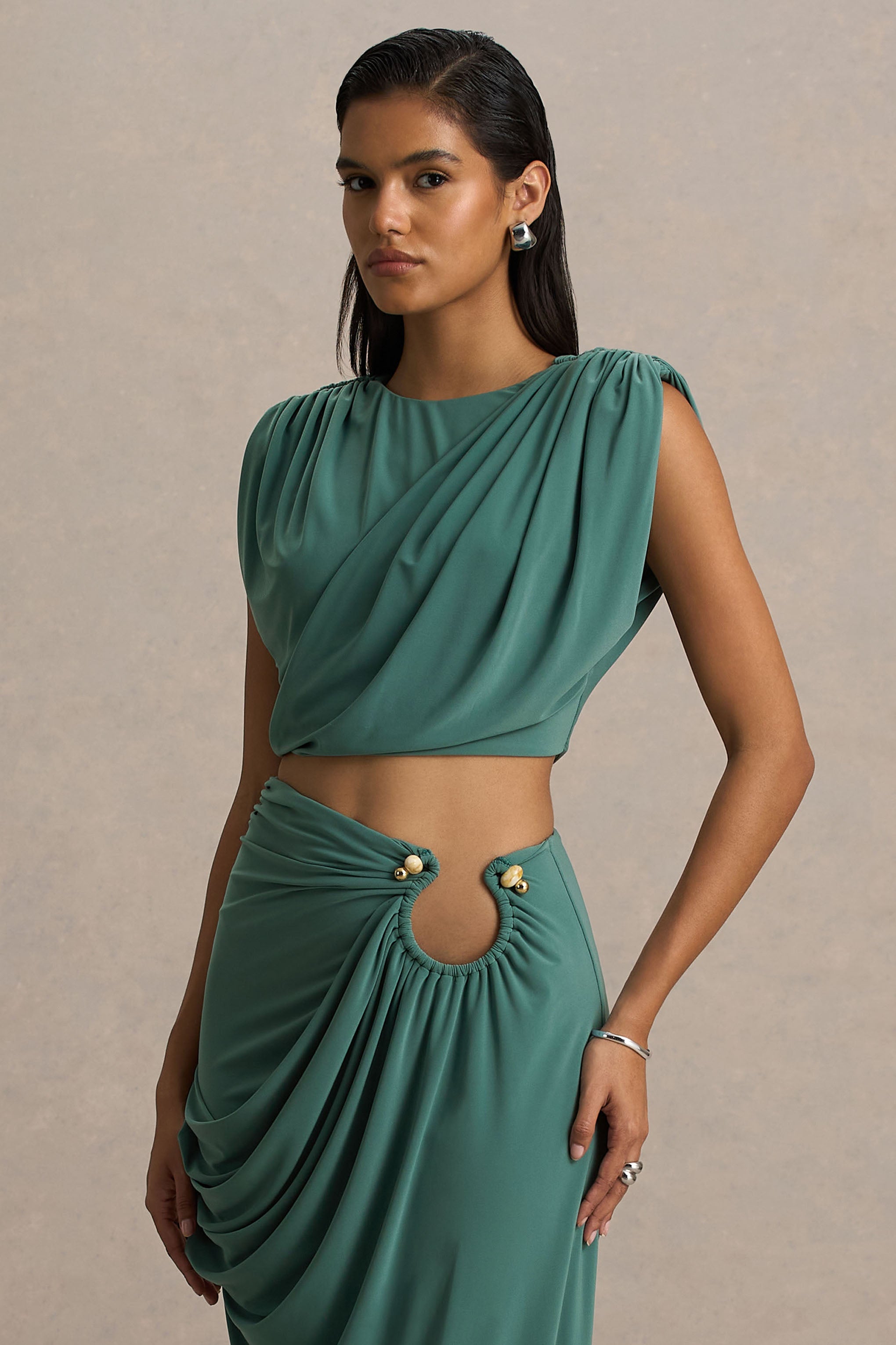 Tilda | Green Crew-Neck Crop-Top With Ruched Detailing