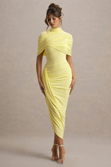 Enchant | Lemon Asymmetric Twisted Cape Midi Dress