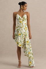 Glint | White Botanical Print Satin Plunge-Neck Maxi Dress With Asymmetric Hem
