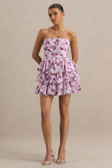 Swirl | Cream Floral Print Bandeau Puffball Mini Dress With Ruffle Detail