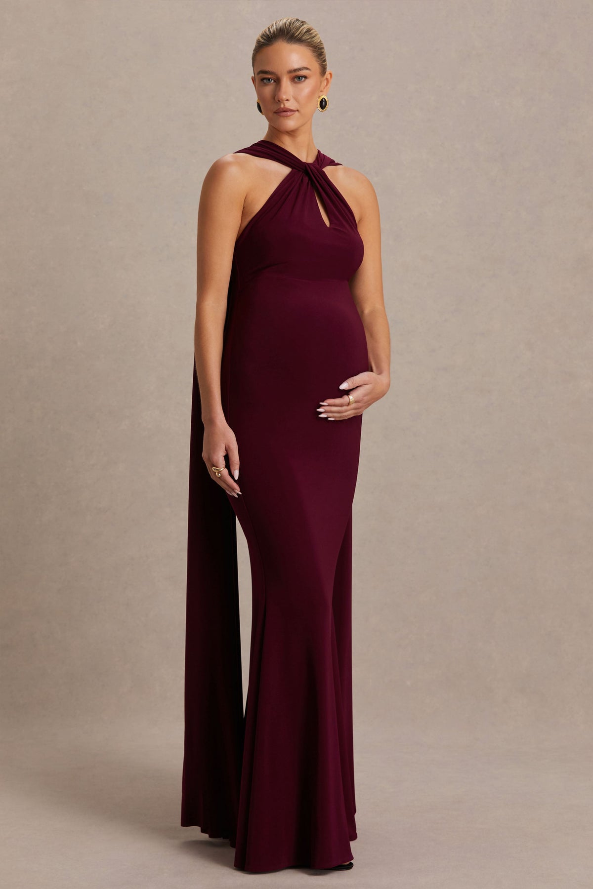 Lyra | Burgundy Cross Halter-Neck Maternity Maxi Dress With Cape
