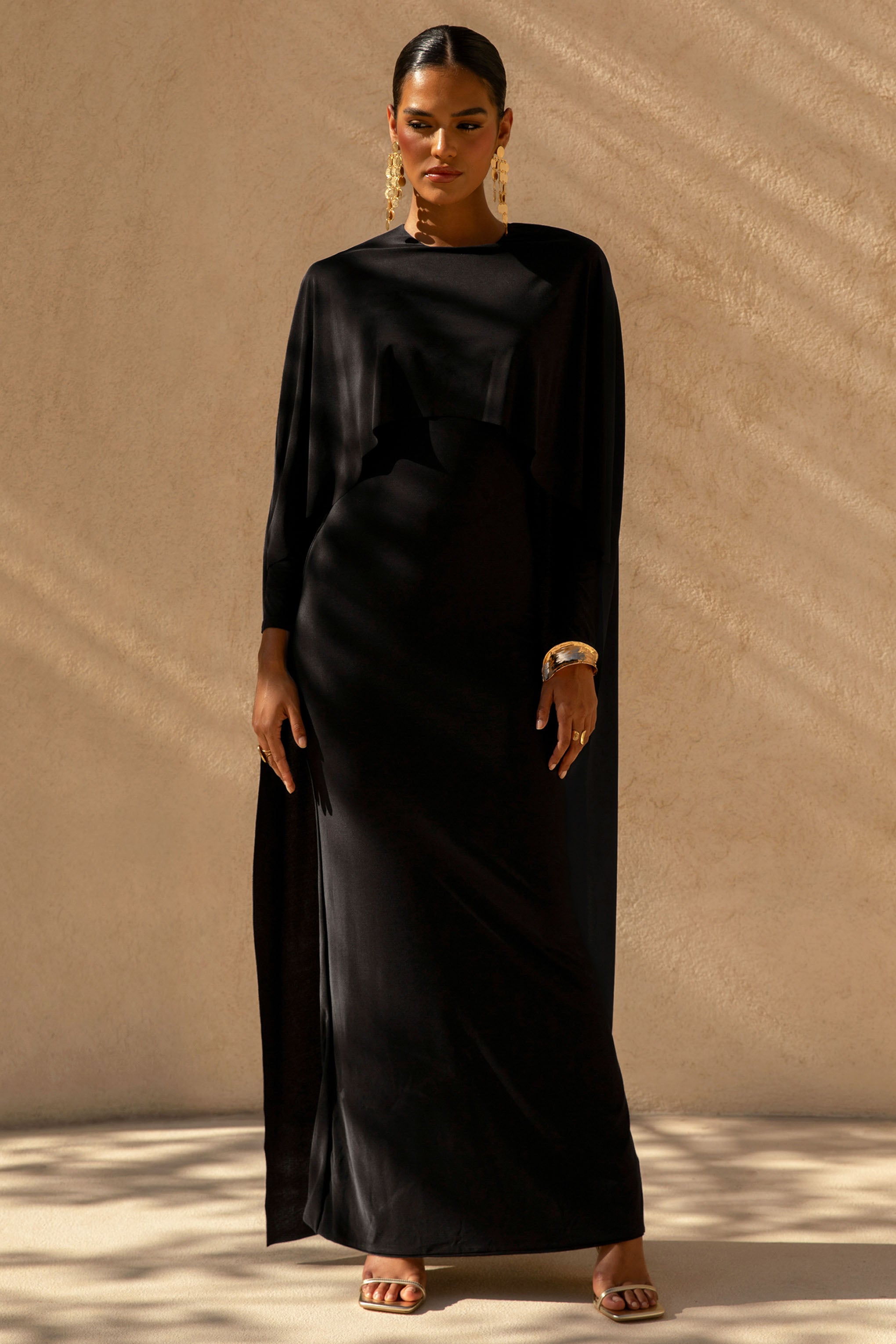 Belinda | Black Draped Maxi Dress With Cape Sleeves