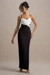 Rosalind | Black & White Strappy Tailored Maxi Dress With Split