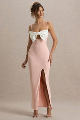 Emmalou | Pink & White Strappy Split Maxi Dress With Bow