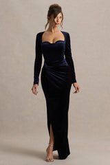 Fay | Navy Velvet Corset Style Knot Maxi Dress