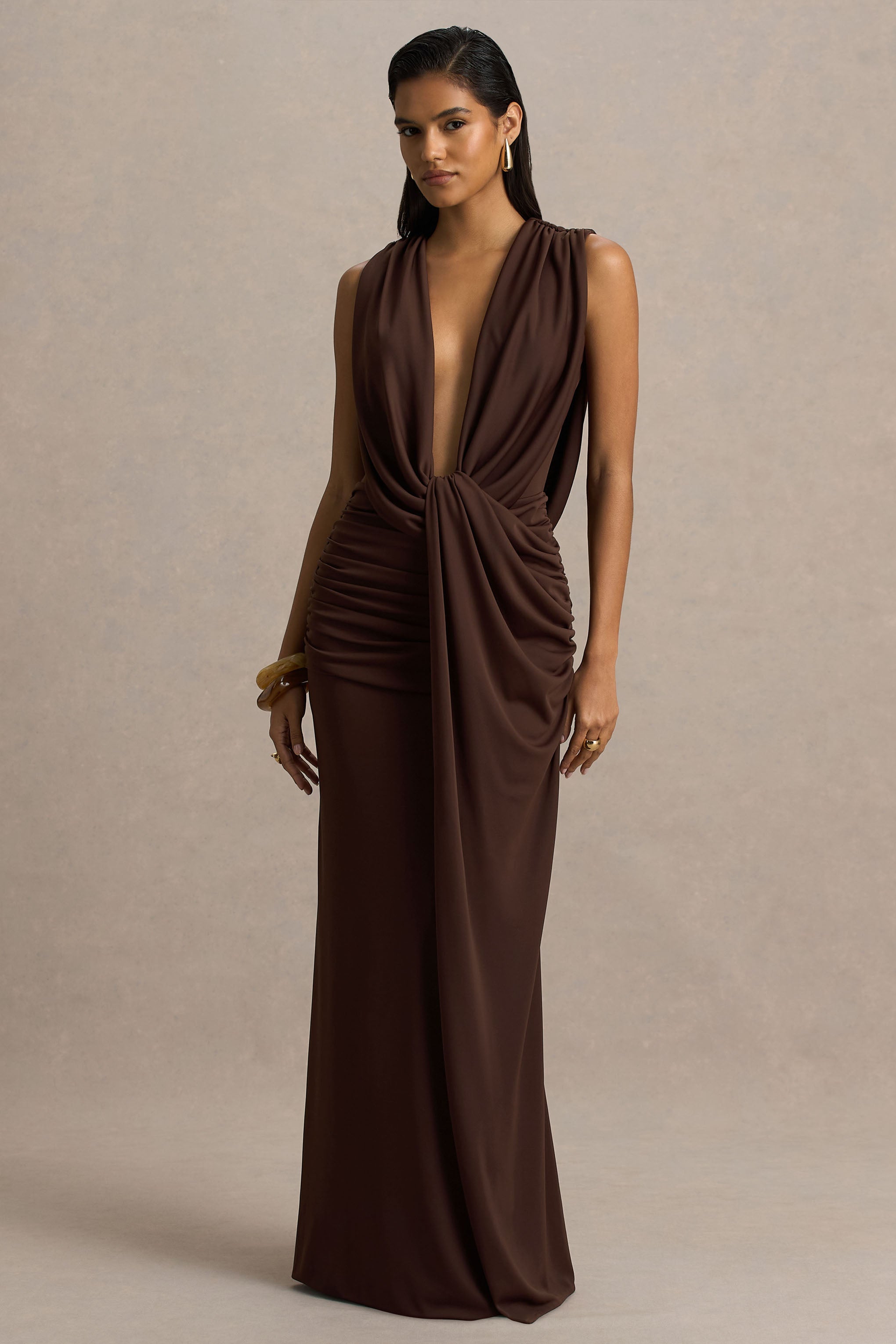 Serafina | Chocolate Extreme-Plunge Neck Maxi Dress With Wrap And Ruched Details