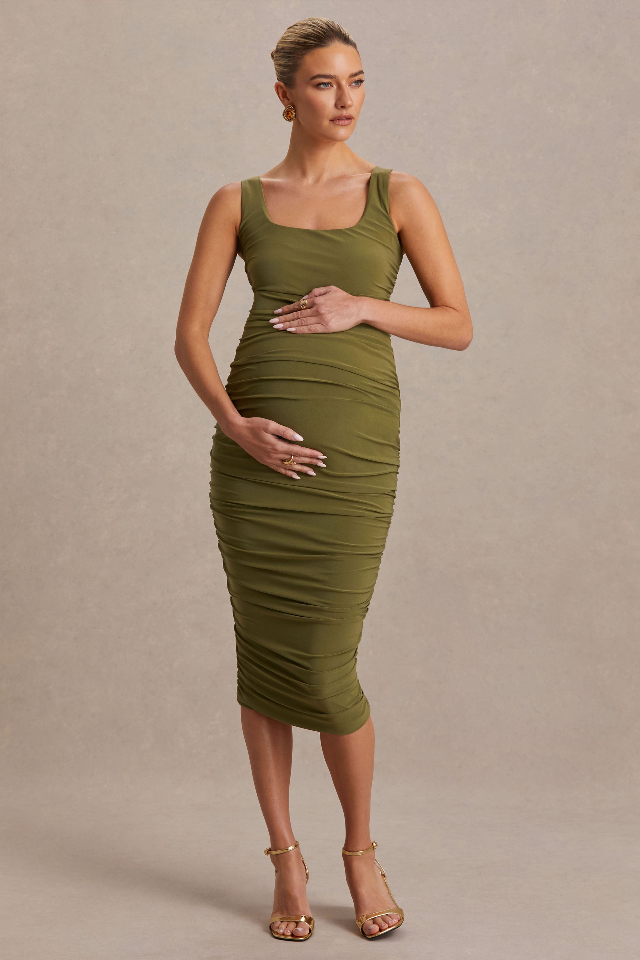 Lisbon | Olive Maternity Square Neck Ruched Midi Dress