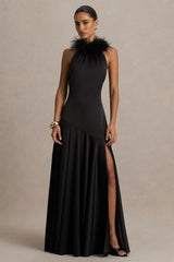 Jemima | Black Satin Halter-Neck Maxi Dress With Feather Trim