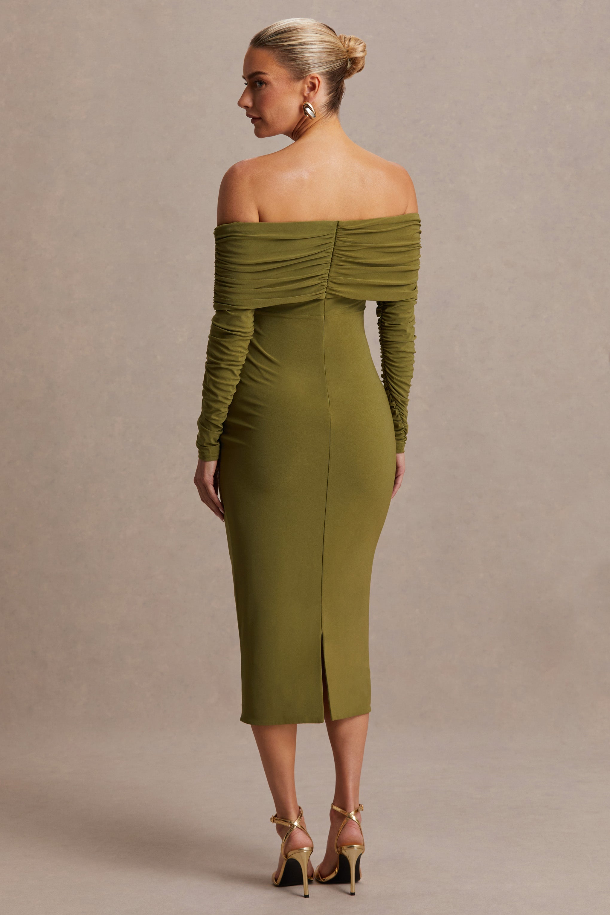 Elspeth | Olive Bardot-Neck Maternity Midi Dress