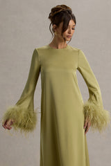 Adella | Light Green Satin Feather-Trim Maxi Dress
