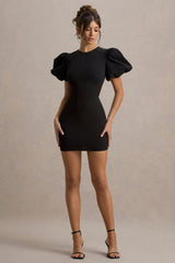 Delaney | Black Puff-Sleeve Mini Dress With White Bow