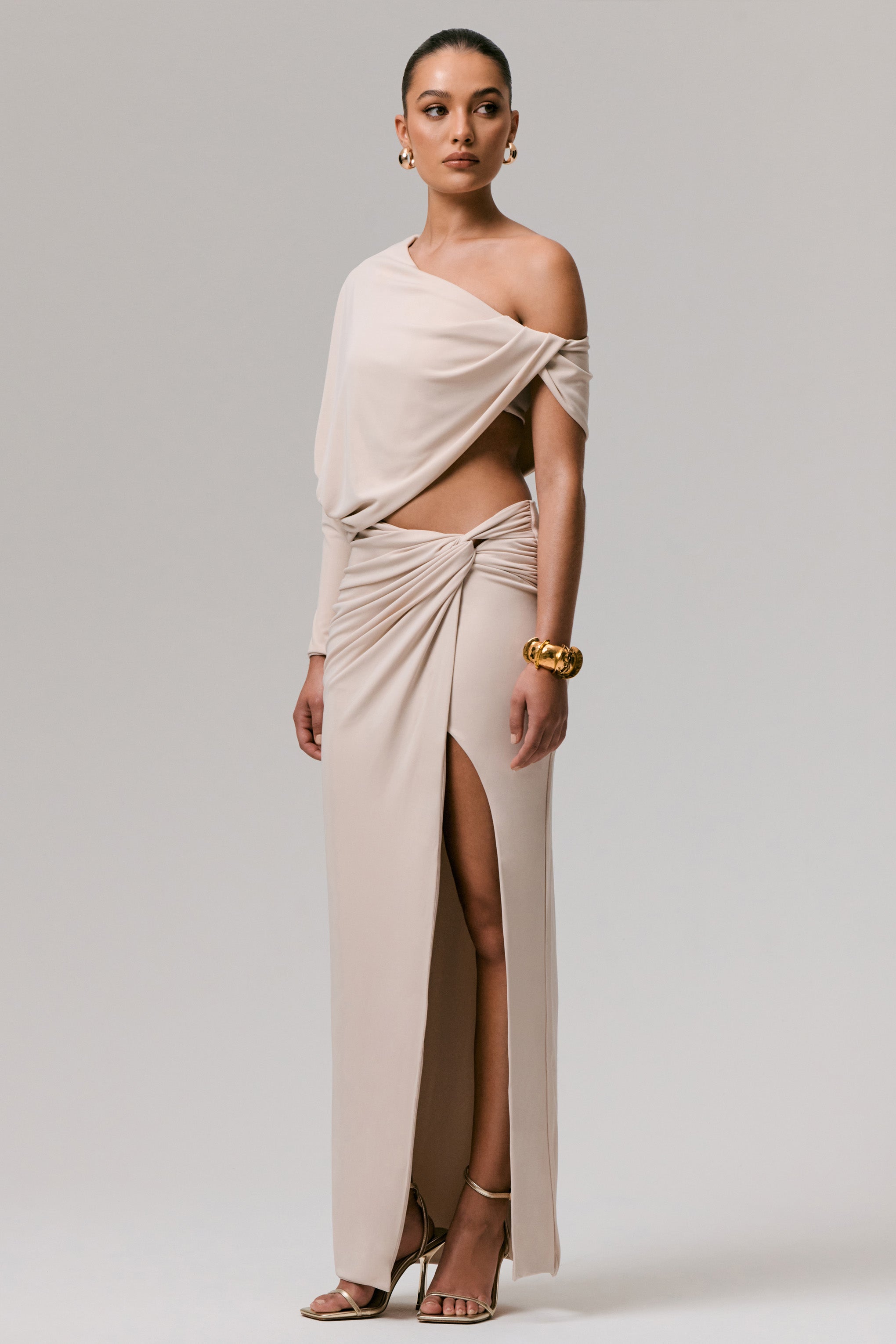 Dua | Stone Asymmetric One-Sleeve Draped Top