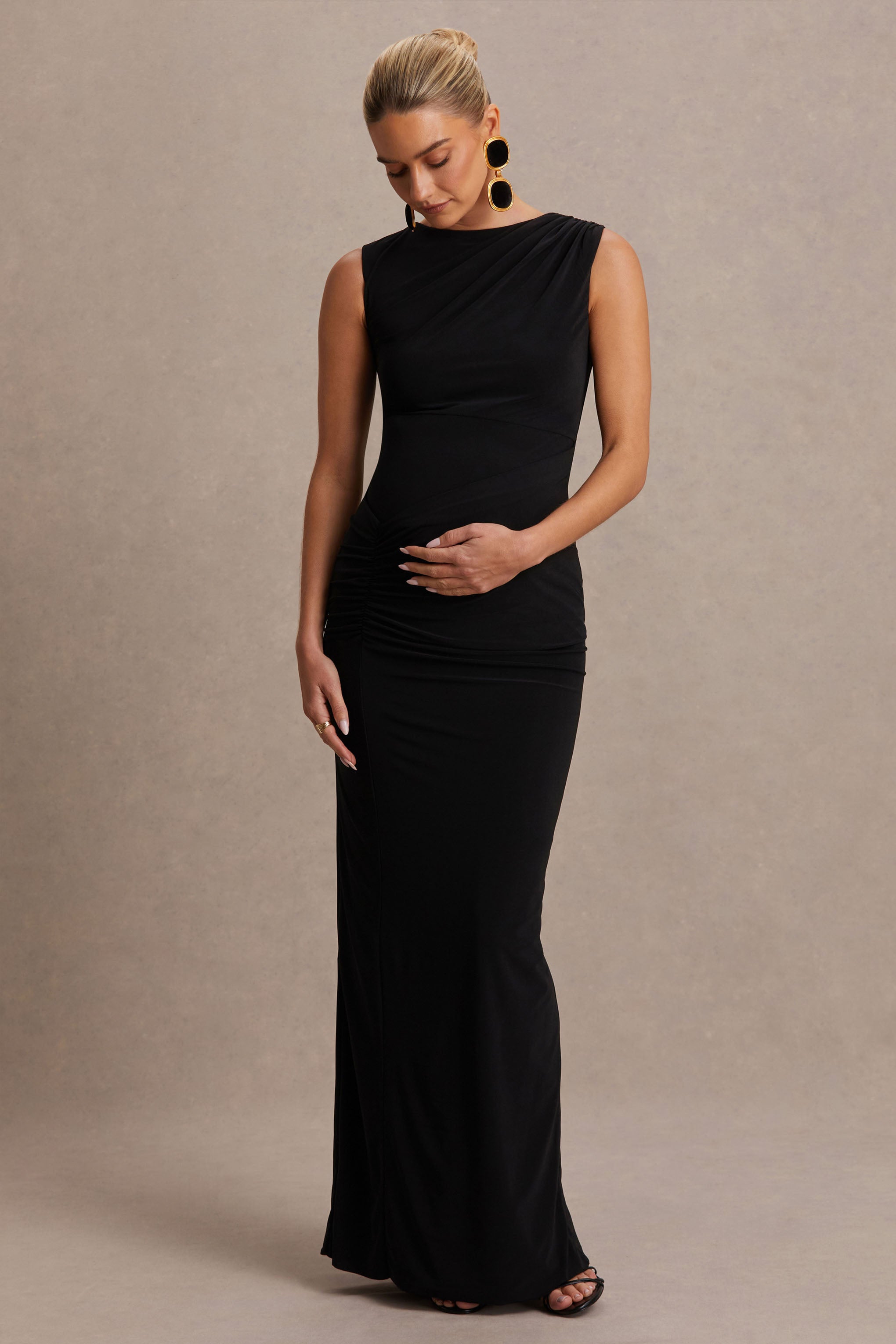 Raven | Black Boat-Neck Maternity Maxi Dress With Gathered-Detailing