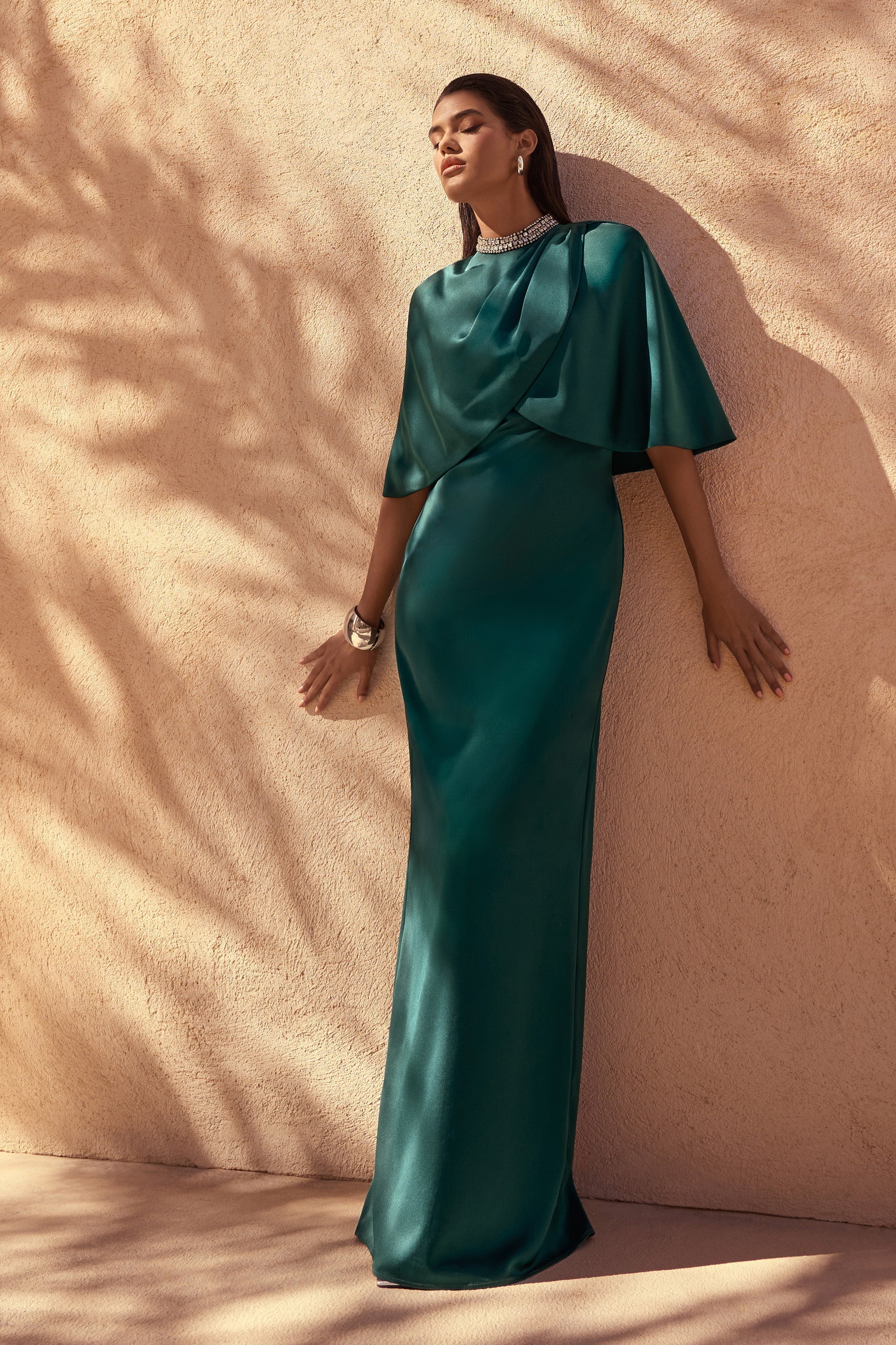Diletta | Bottle Green Cape Maxi Dress