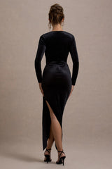 Arcadia | Black Velvet Plunge-Neck Wrap Midi Dress