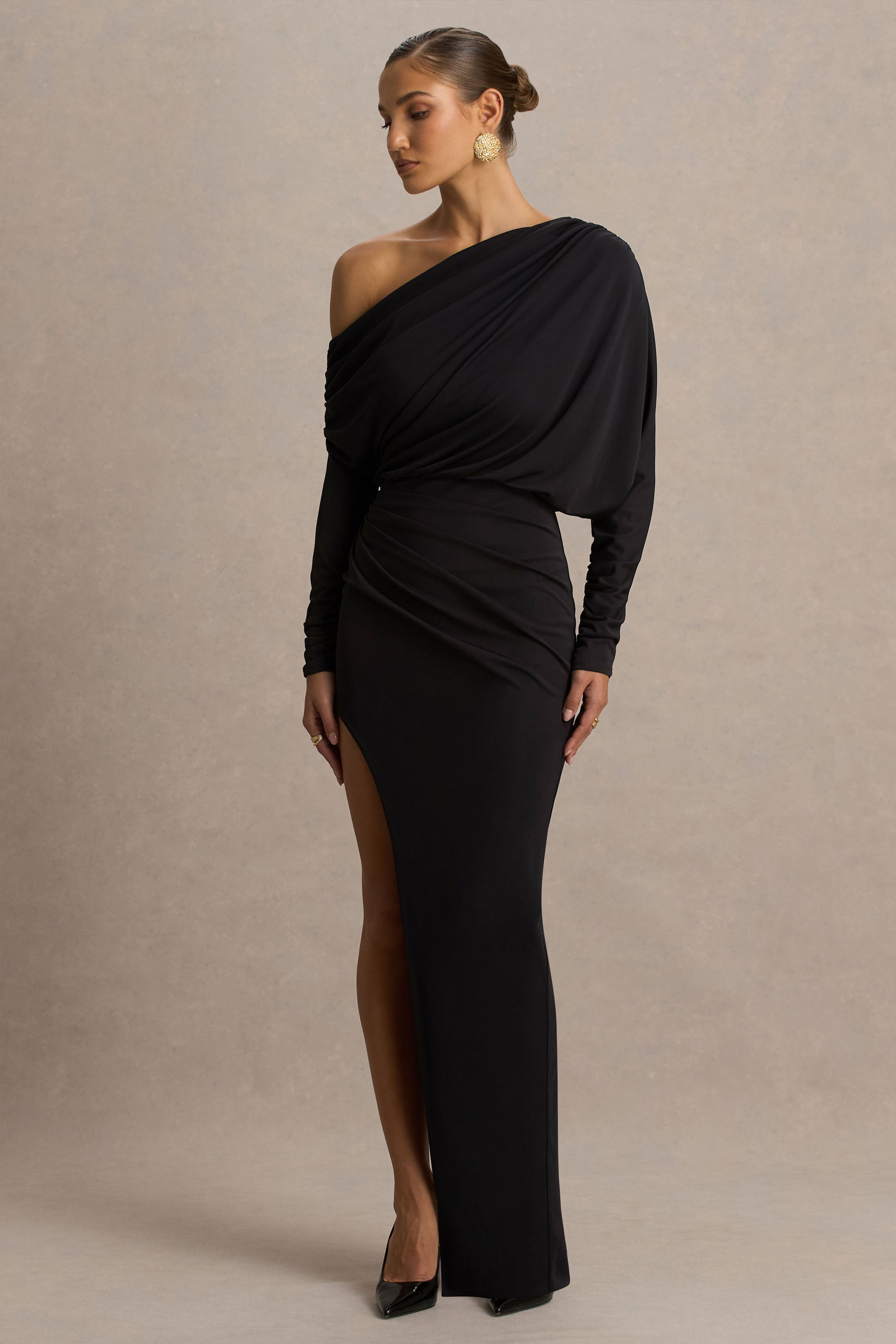 Olivia | Black Asymmetric-Neck Maxi Dress With Ruched Detailing And Asymmetric-Hem