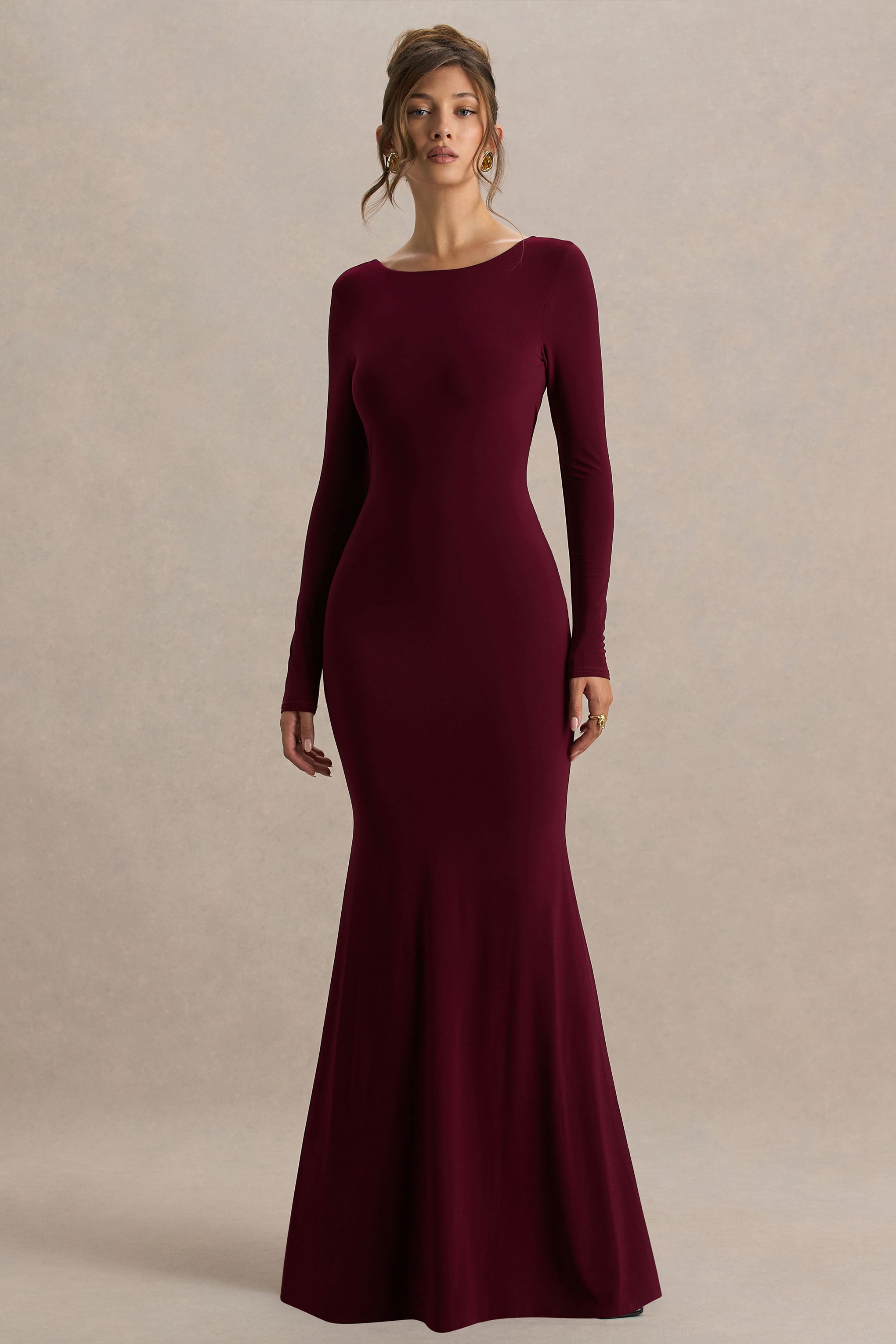 Estelle | Burgundy Boat-Neck Maxi Dress With Open-Back And Lace Detail