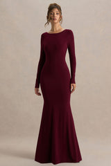 Estelle | Burgundy Boat-Neck Maxi Dress With Open-Back And Lace Detail