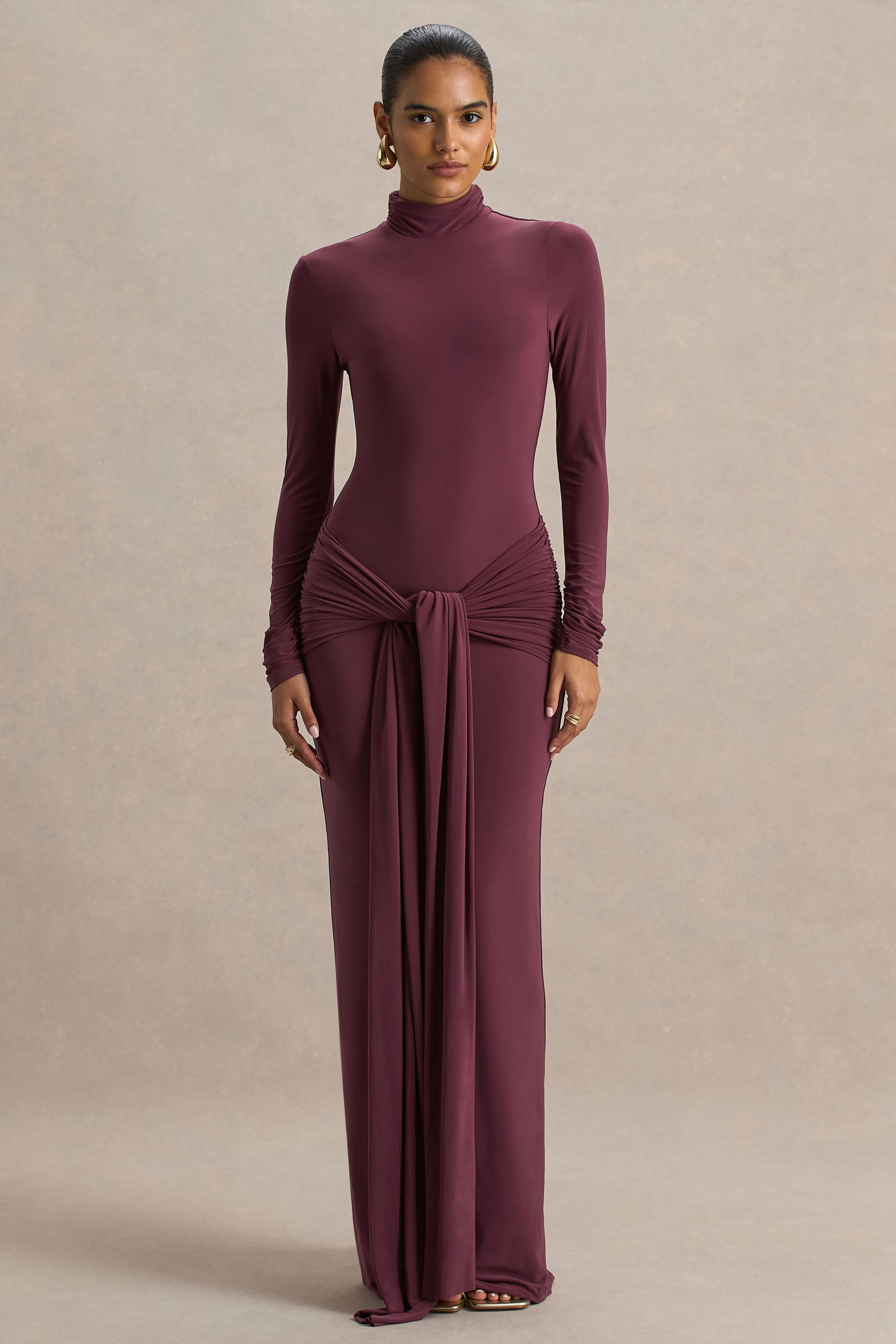 Myra | Burgundy High-Neck Maxi Dress With Sash and Ruched Detailing