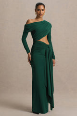 Mikayla | Dark Green Asymmetric-Neck Wrap Maxi Dress With Body Cut-Out And Ruched Detailing