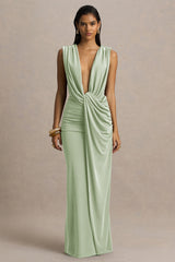 Serafina | Light Green Extreme-Plunge Neck Maxi Dress With Wrap And Ruched Details
