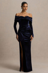 Countess | Navy Velvet Bardot-Neck Wrapped Maxi Dress With Front-High Split