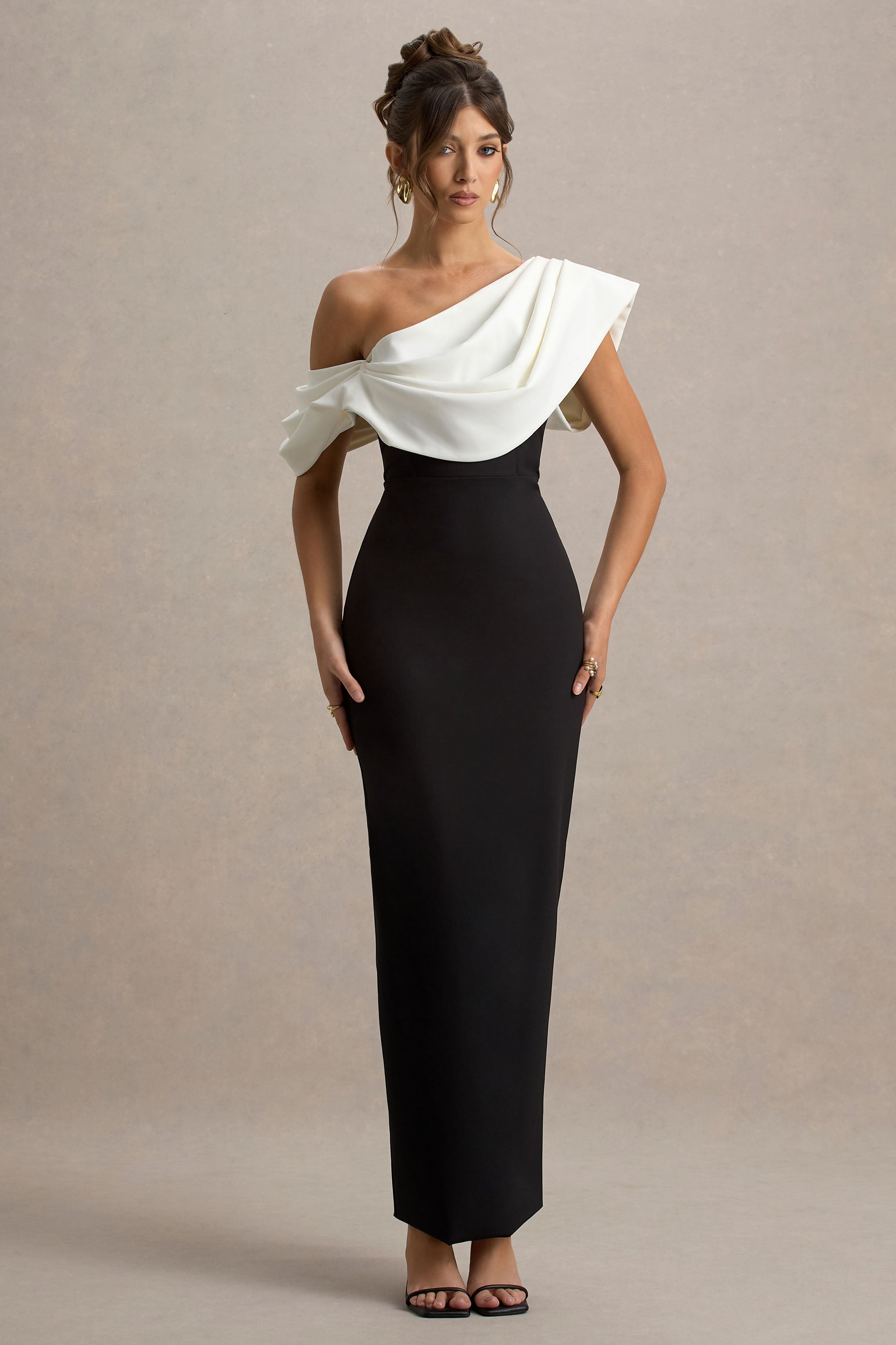 Angelina | Black & White Draped Shoulder Maxi Dress