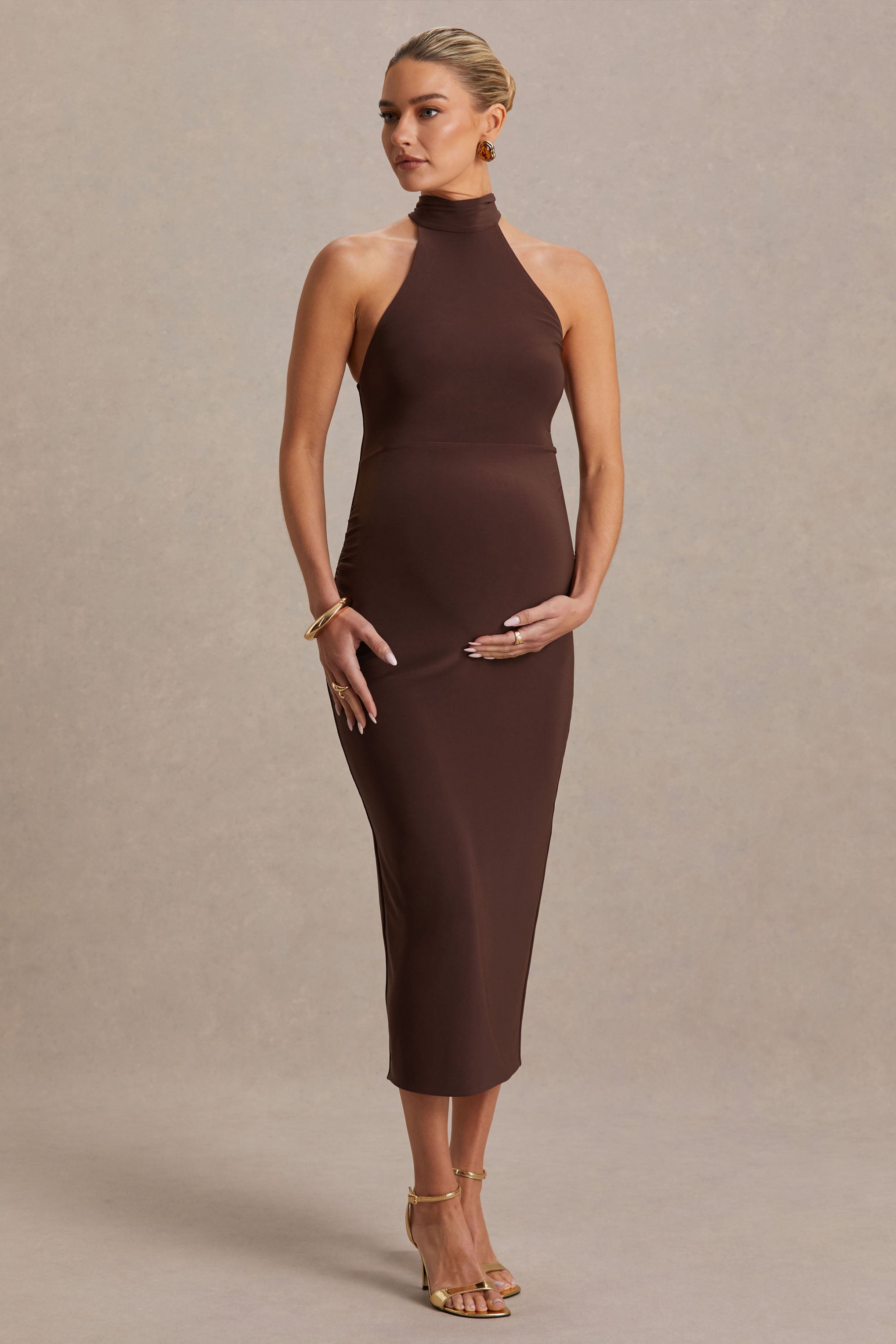 Mireille | Brown Halter-Neck Maternity Midi Dress