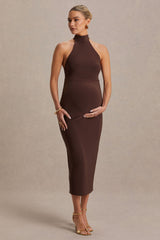 Mireille | Brown Halter-Neck Maternity Midi Dress