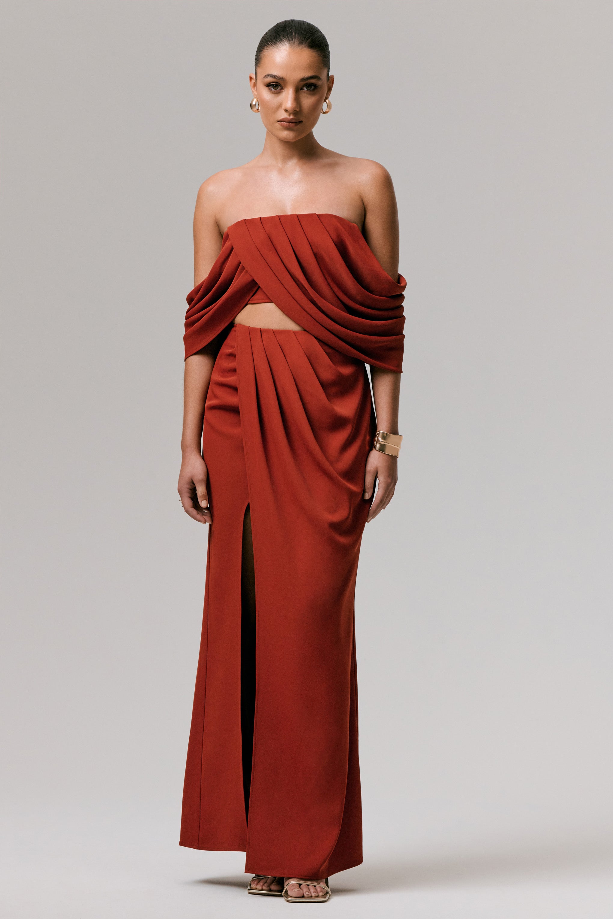 Talika | Terracotta Bardot Crop-Top With Draped Sleeves