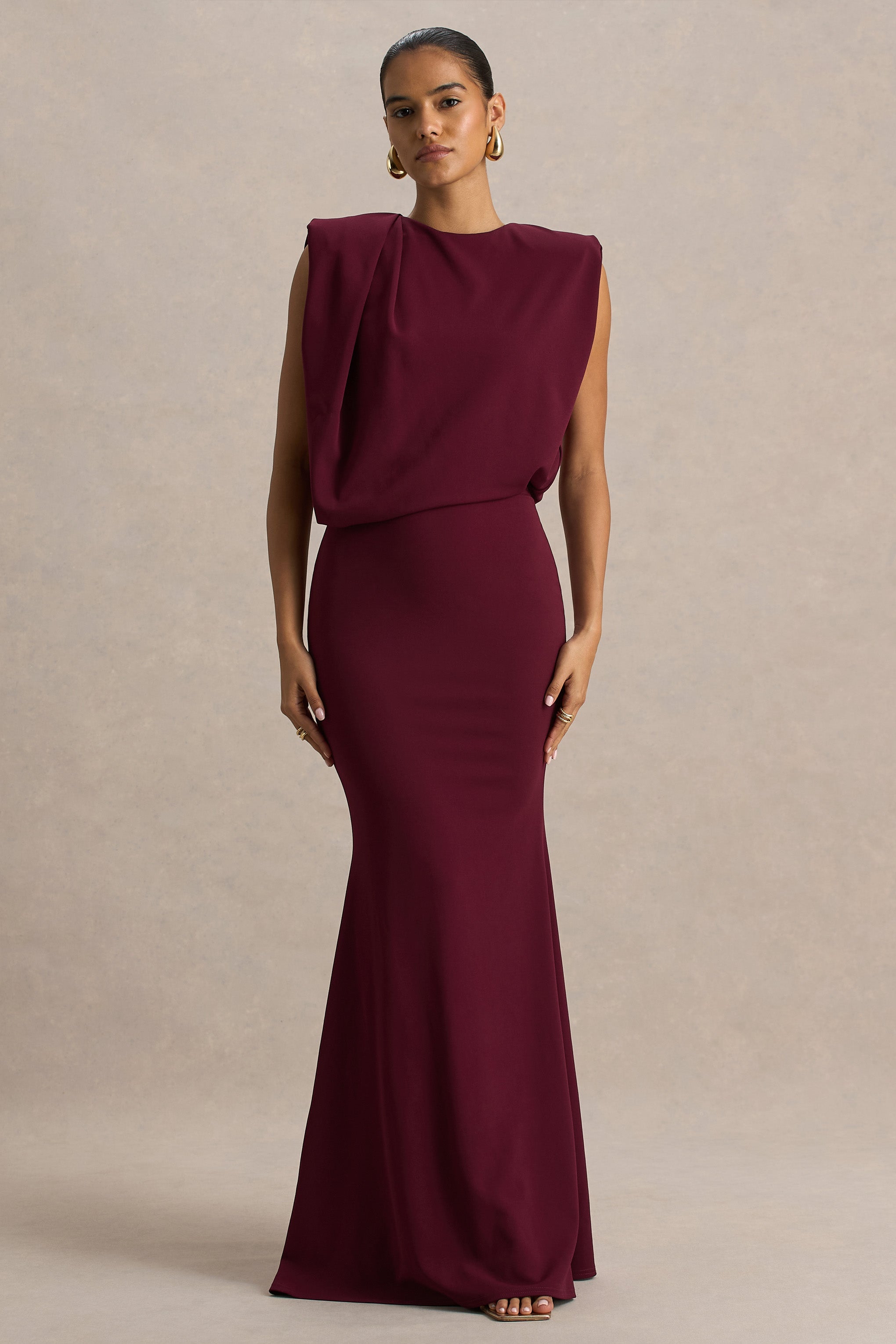 Meave | Burgundy Boat-Neck Maxi Dress With Draped Detail