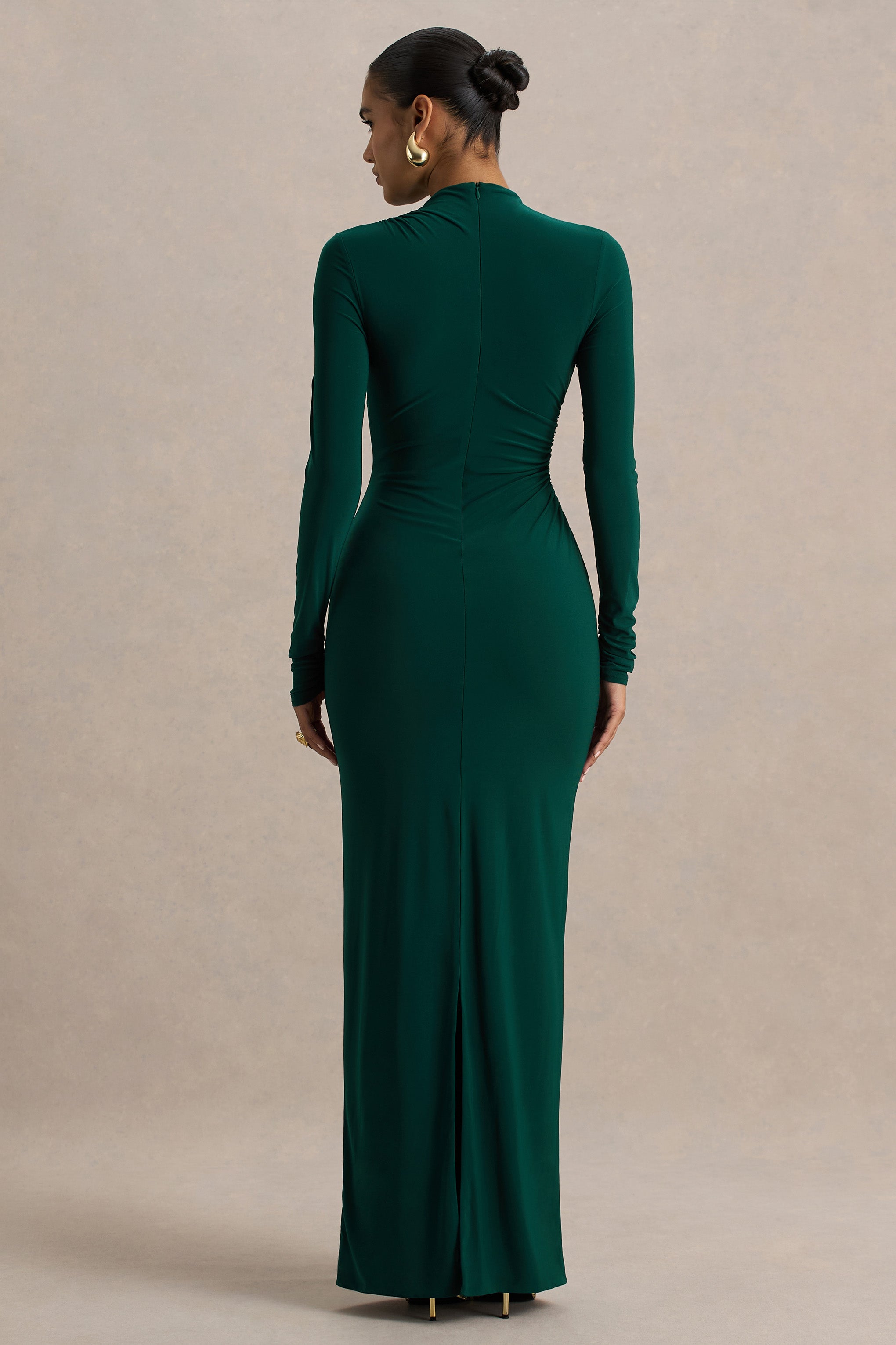 Eden |  Bottle Green High-Neck Maxi Dress With Ruched Detailing