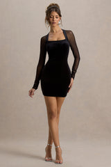 Off-Piste | Black Velvet Bodycon Mini Dress With Sheer Sleeves