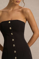 Briella | Black Bandeau Midi Dress With Gold-Button Detailing