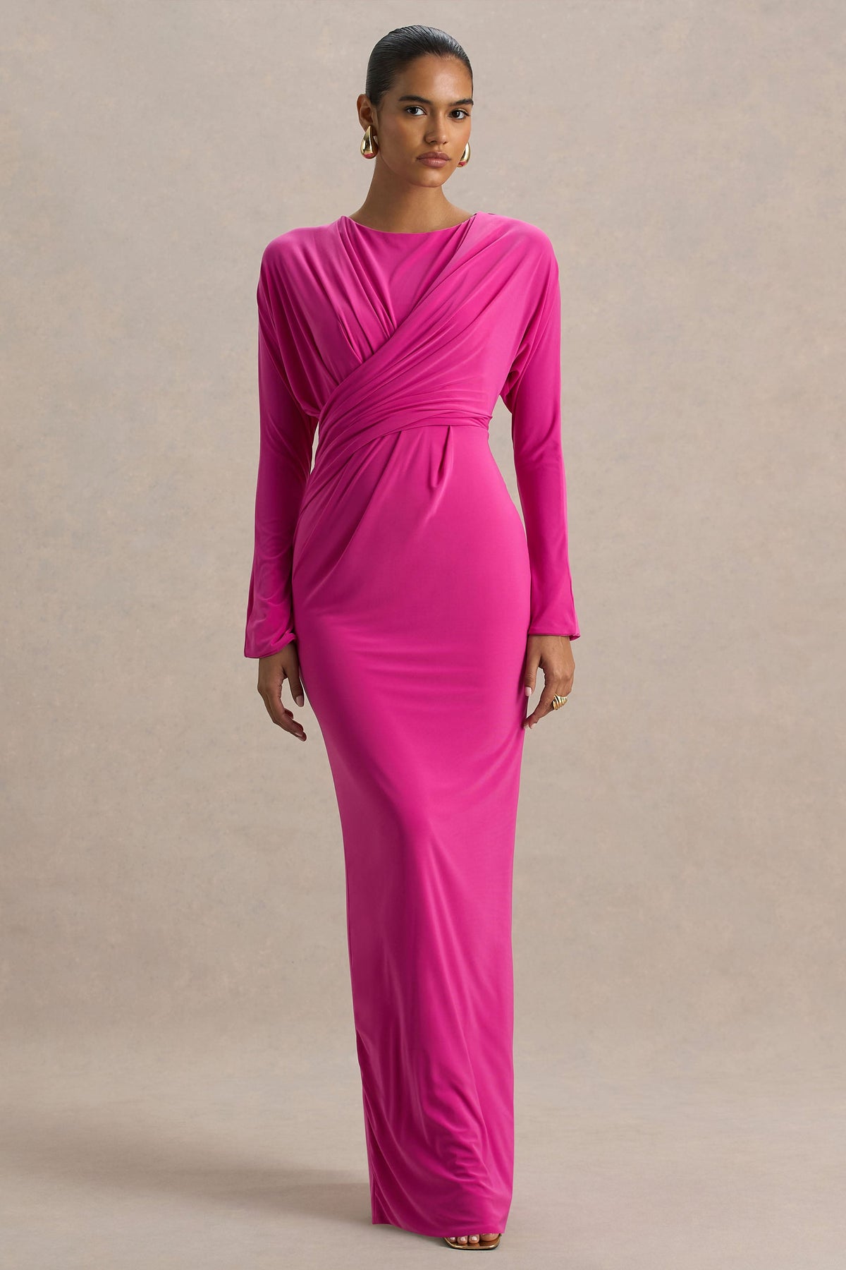 Regina | Hot Pink High-Neck Draped Wrap Maxi Dress