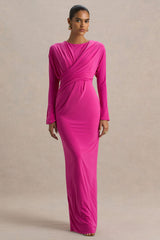 Regina | Hot Pink High-Neck Draped Wrap Maxi Dress
