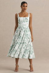 Lissa | Green Porcelain Print Square-Neck Midi Dress