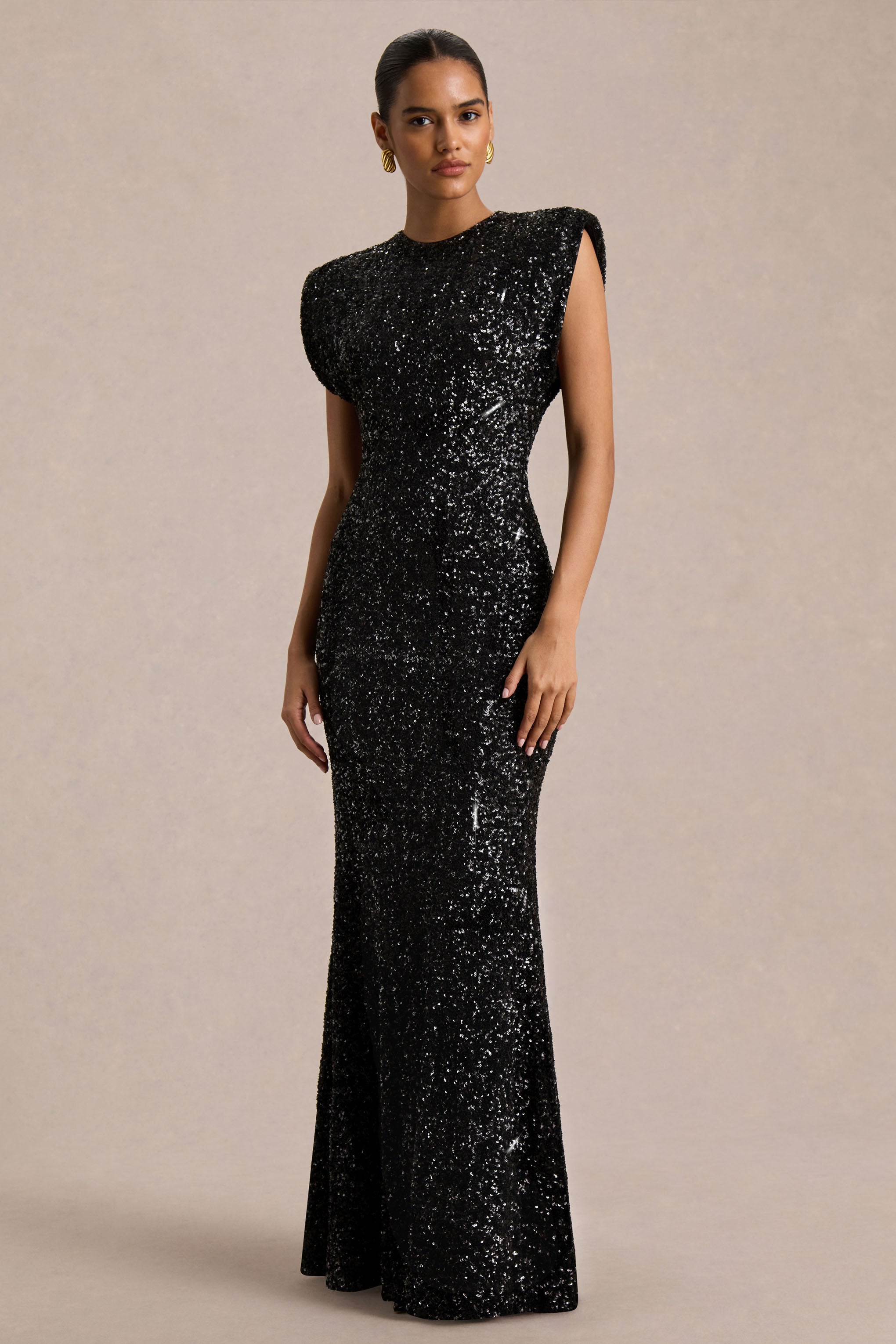 Aurah | Black Sequin Crew-Neck Maxi Dress With Cap Sleeves