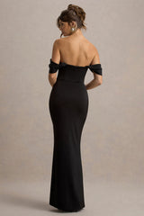 Annie | Black Satin Bardot Maxi Dress With Split Wrap Skirt