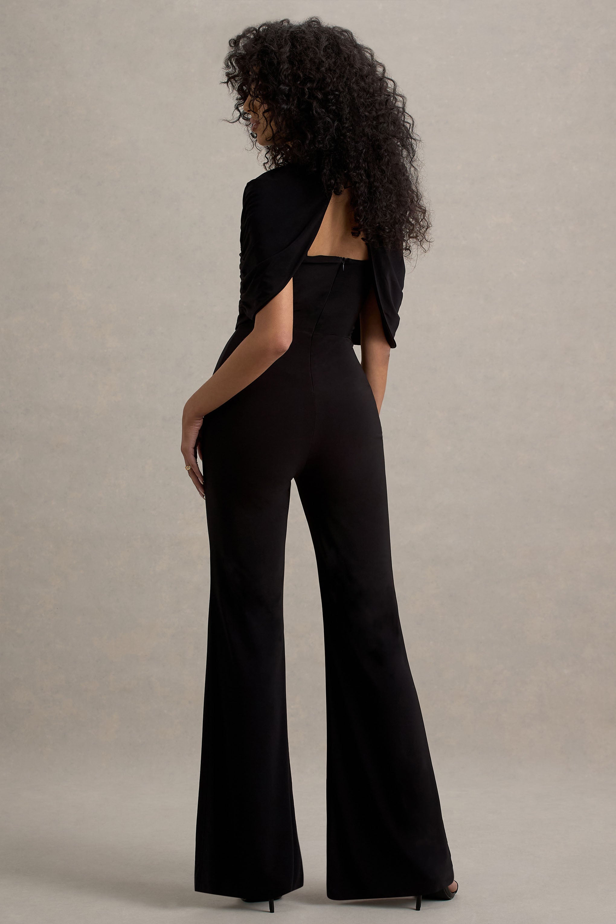 Isoline | Black Twist Cape Flared-Leg Jumpsuit