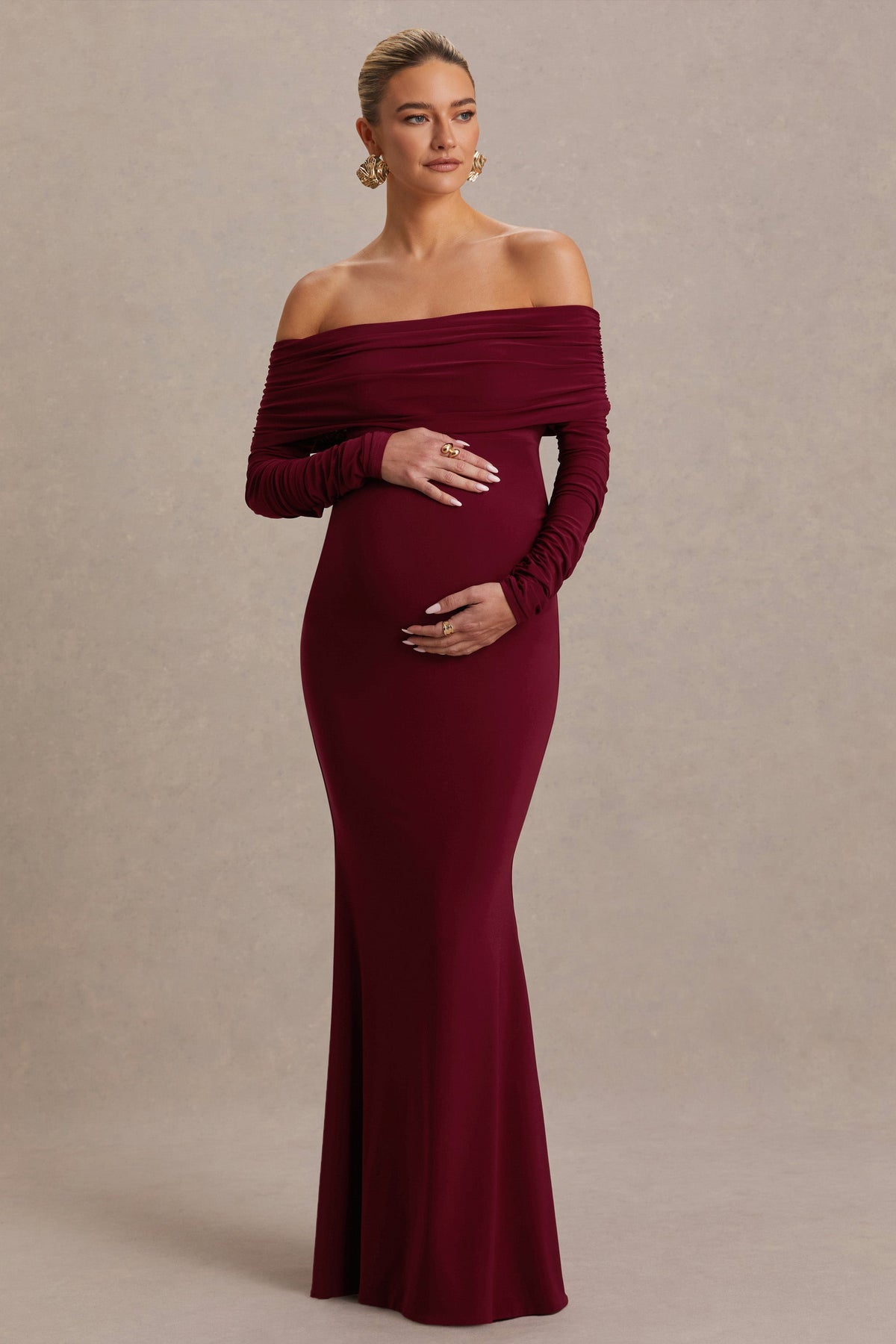 Odessa | Berry Bardot-Neck Maternity Maxi Dress