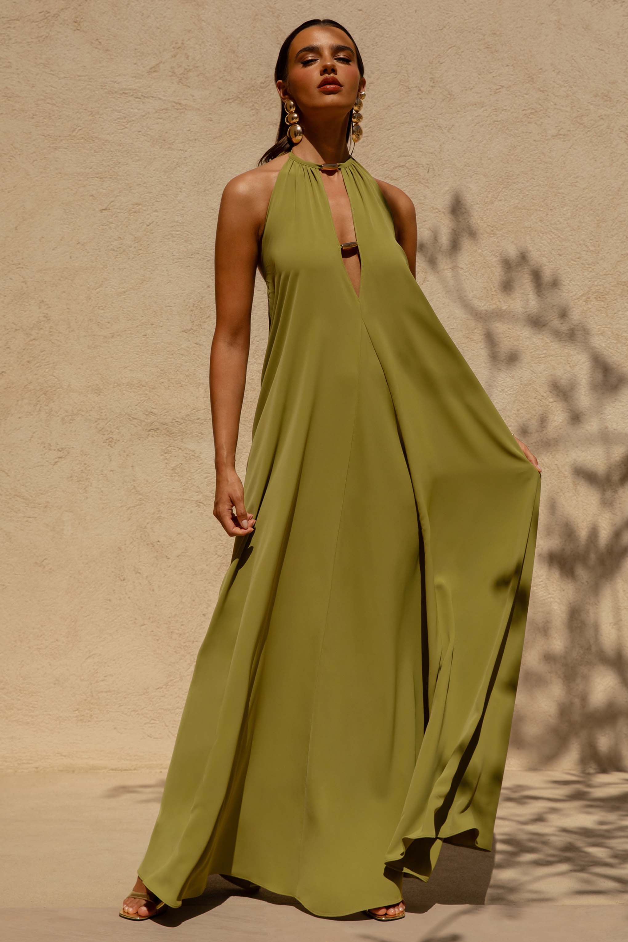 Zyon | Green High-Neck Maxi Dress with Cut-Out Details